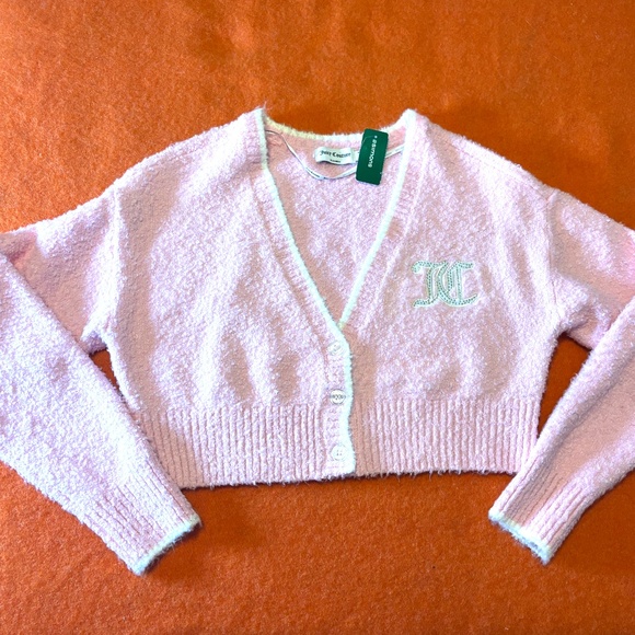 Juicy Couture pink shiny logo bouclé knit cardigan NWT - Picture 3 of 12
